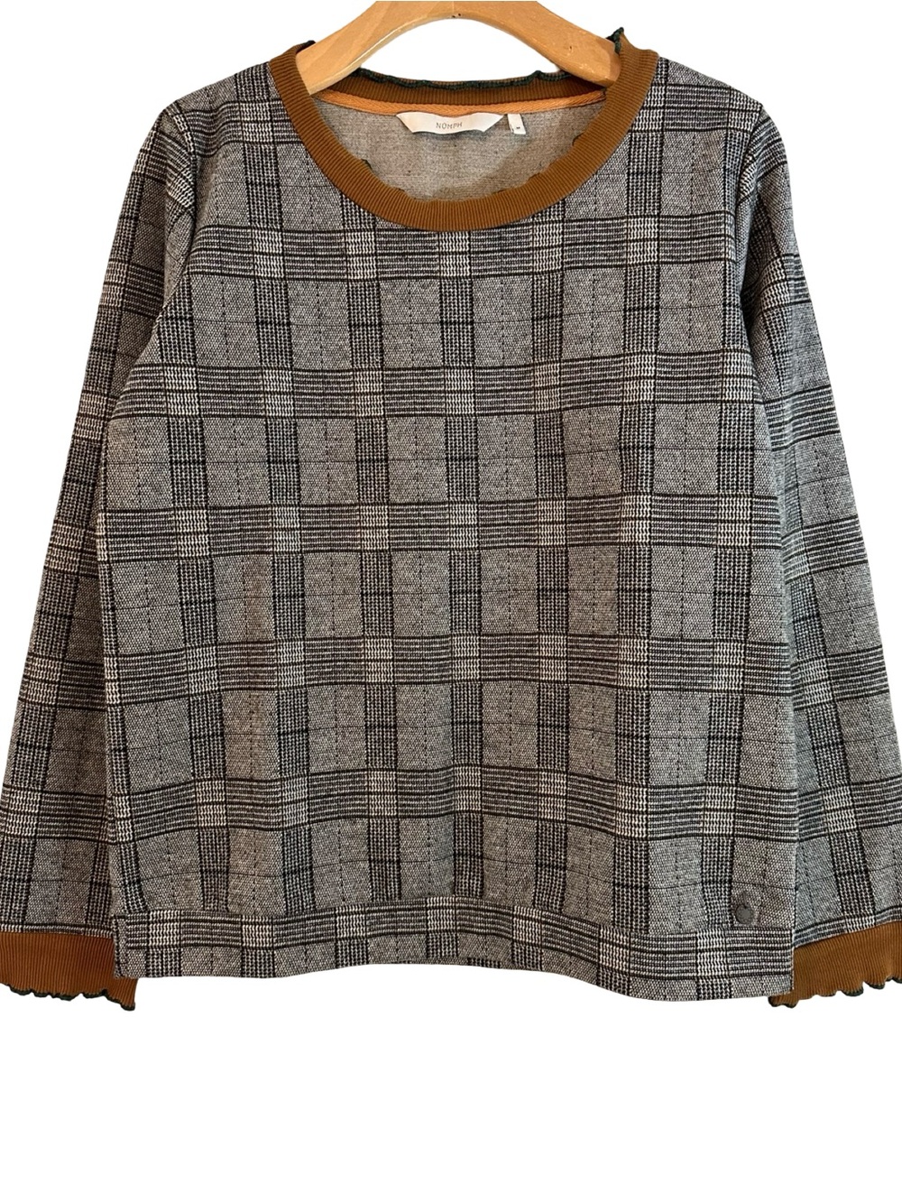 Numph Womenโs Size M Gray Plaid Contrast Mustard Trim Crewneck Sweatshirt